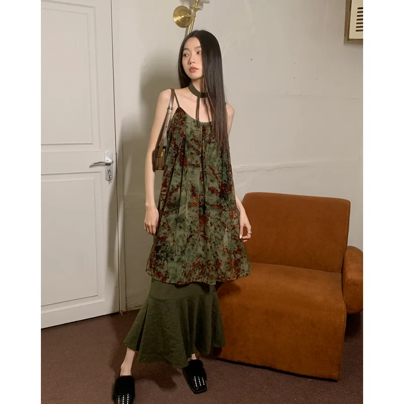 Green Elegant Party Dresses Sling Women's Clothing Dress Sexy Printing Irregular Korean Fashion Retro Summer Long Ball Dress