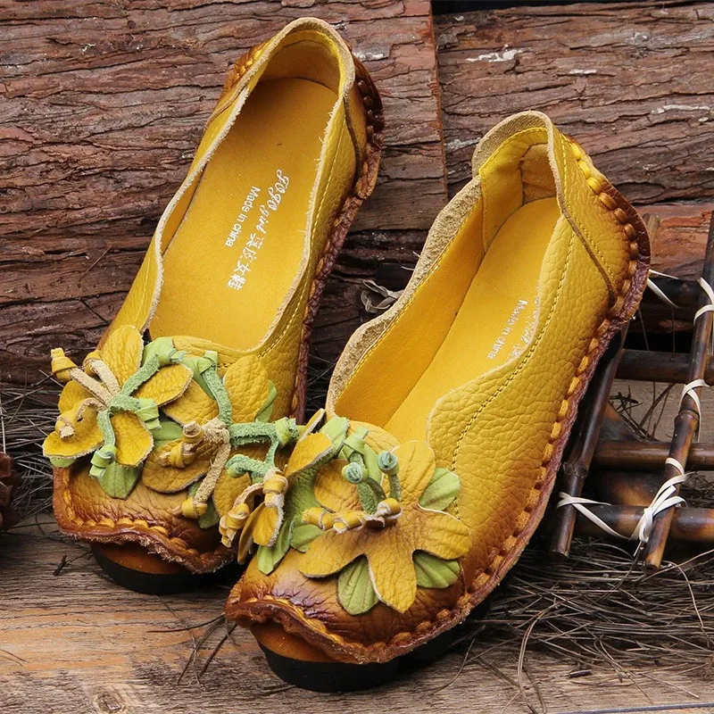 Chic Vintage Floral Ballet Flats Women\'s Shoes Big Size 42 Woman Genuine Leather Loafers Thick Cushion Lug Sole Drive Moccasins