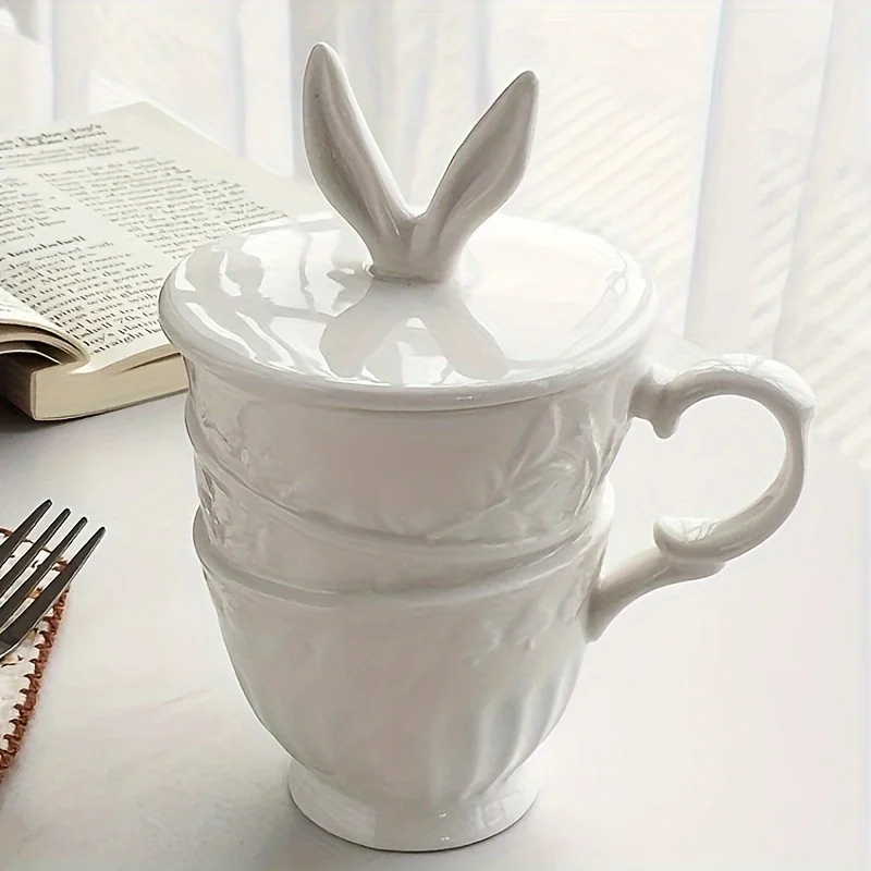 

Charming Rabbit Ears Ceramic Mug Insulated Coffee & Milk Cup with Lid and Handle Microwave Safe Perfect for Afternoon Tea