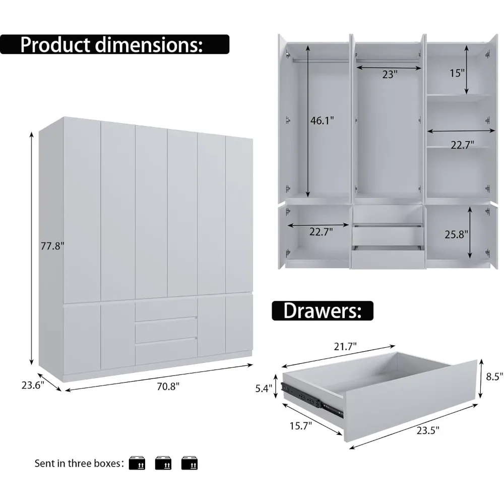 Large Armoire Wardrobe Closet with Drawers and Shelves, White Bedroom Armoires with 6 Doors 2 Hanging Rods