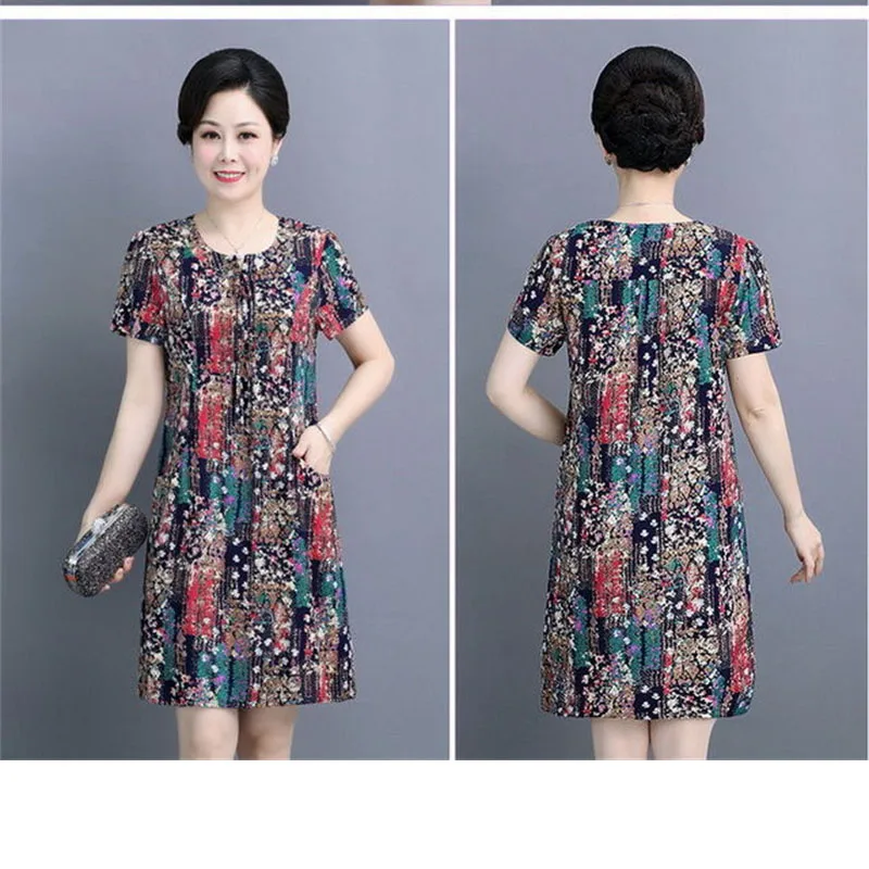 Middle-Aged Elderly Summer Dress Cotton Silk Dress Women Mid-Length New Loose Short-Sleeved Skirt 50-Year-Old Mother Dress M568