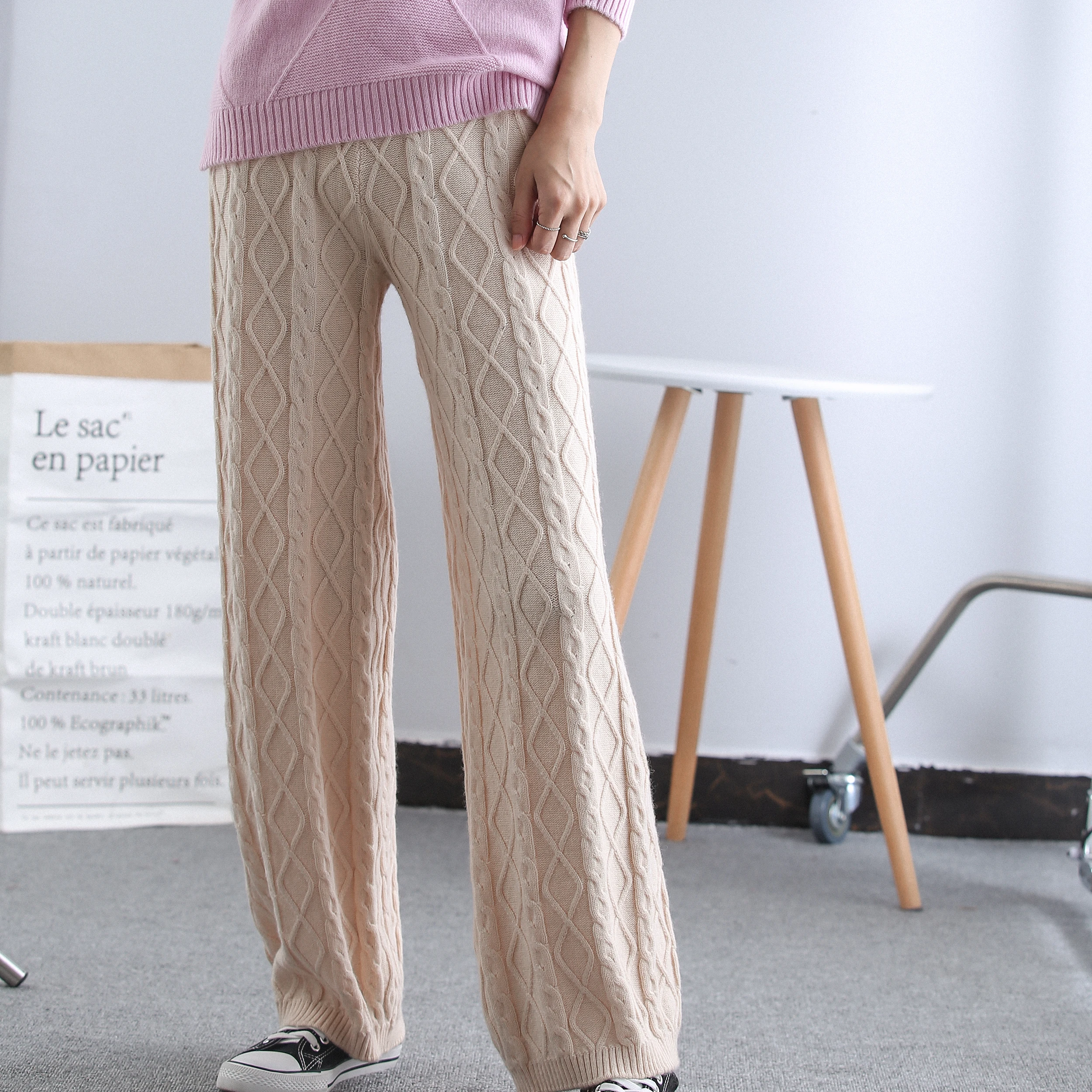Fashion Women Micro Wide Woolen 100% Merino Wool Knitwear Pants Cashmere Solid Color Soft Trousers Simple Comfortable
