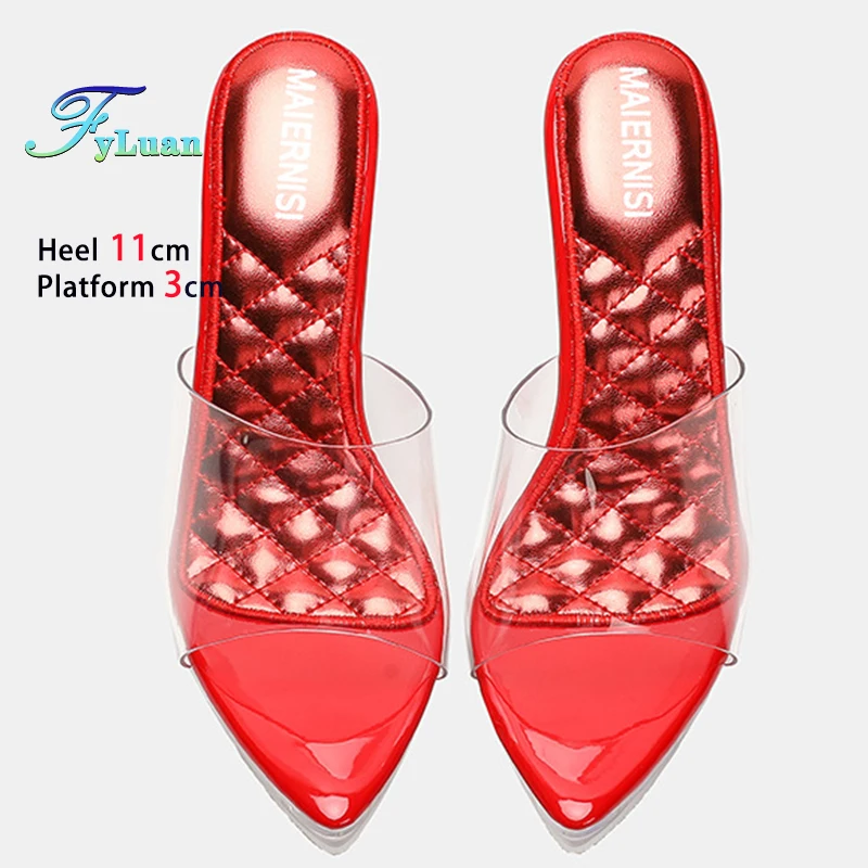 جديد الأحمر عالية الكعب 11 سنتيمتر منصة 3 سنتيمتر النعال النسائية واضح رقيقة الكعوب أشار تو السيدات مضخات اللون برشام خنجر أحذية الحفلات