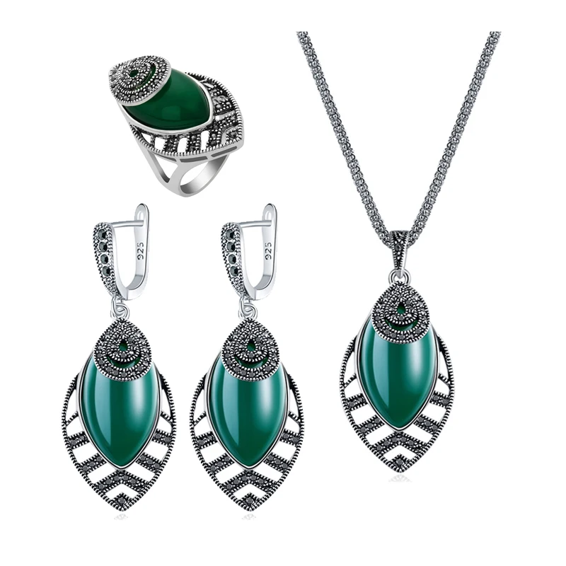 

Ajojewel 3 Colors Retro Stone Jewelry Sets For Women Geometric Pendant Necklace Ring Earrings With Black CZ