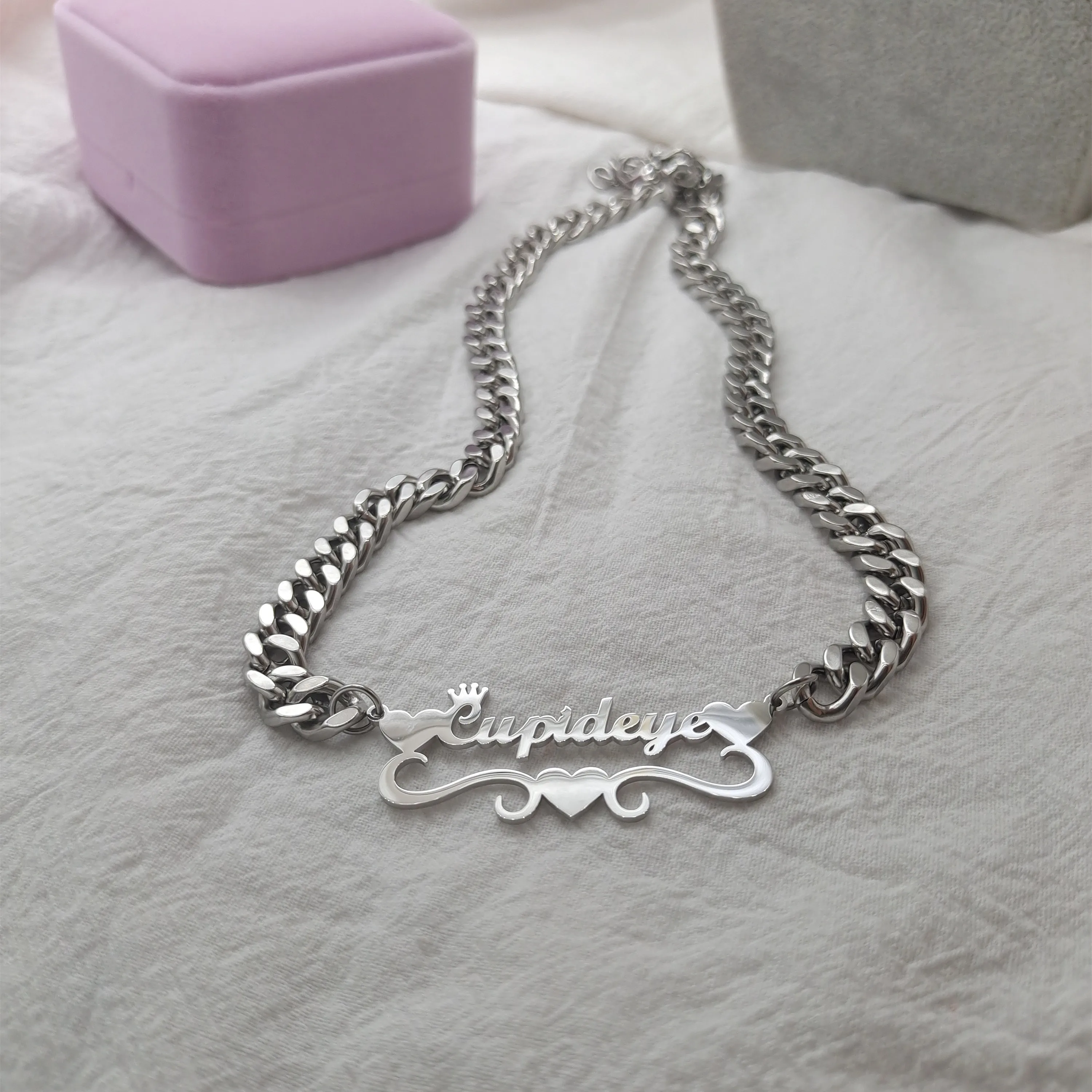 KristenCo Custom Name Necklace Crown Name Pendant with Heart Personalized 8mm Thick Chain Nameplate Necklace Hip Pop Jewelry