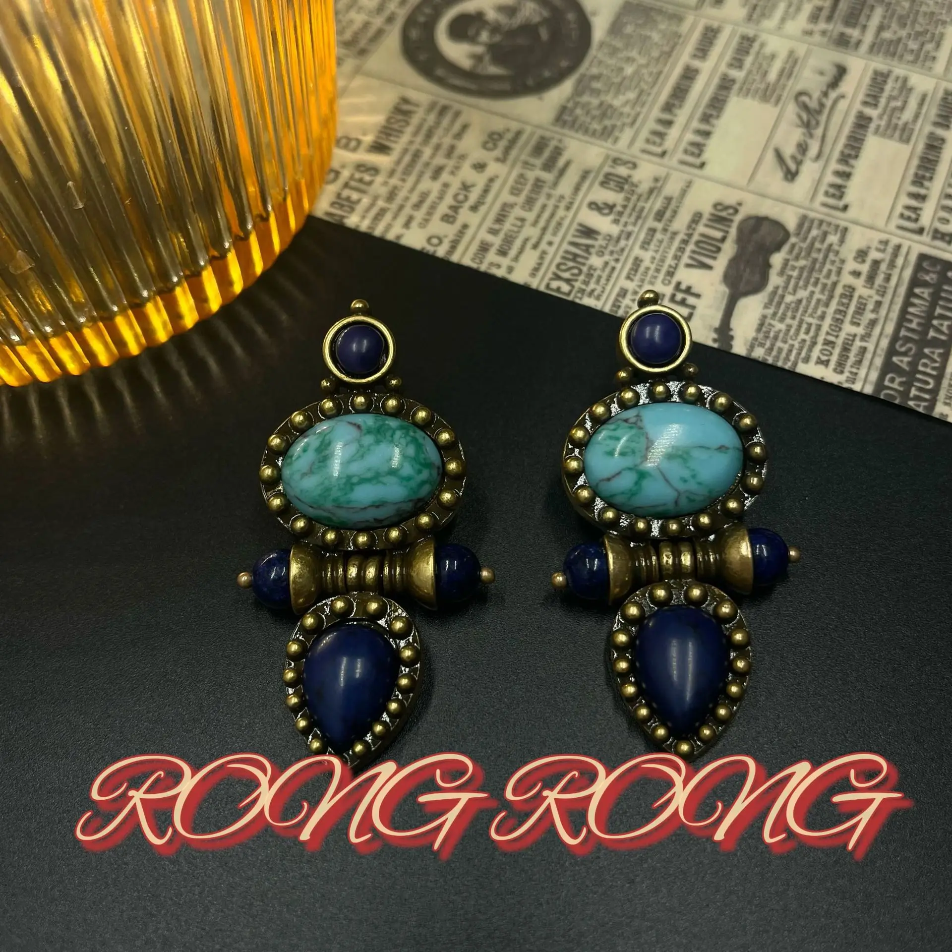 Vintage Jewelry European and American Turquoise Blue Natural Stone Pendant Earrings Western Exaggerated Earrings