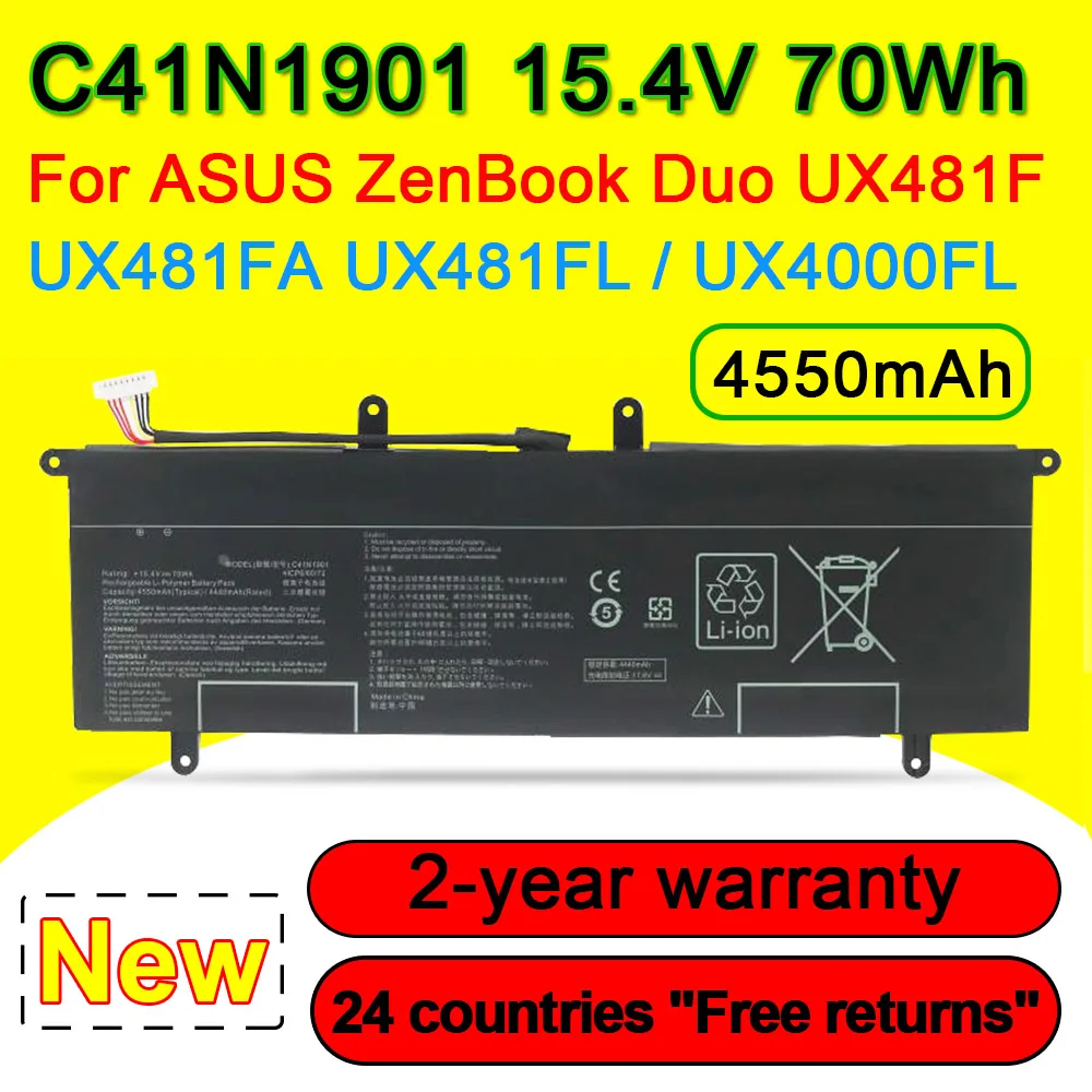 C41N1901 Laptop Battery For ASUS ZenBook Duo UX4000F UX4000FL UX481 UX481F UX481FA UX481FL Series Notebook 15.4V 70Wh 4550mAh