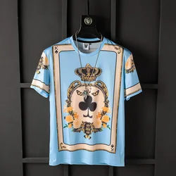 European and American men's wear summer 2022 new  Short sleeve round collar blue solitaire print  Fashion ice silk T-shirt