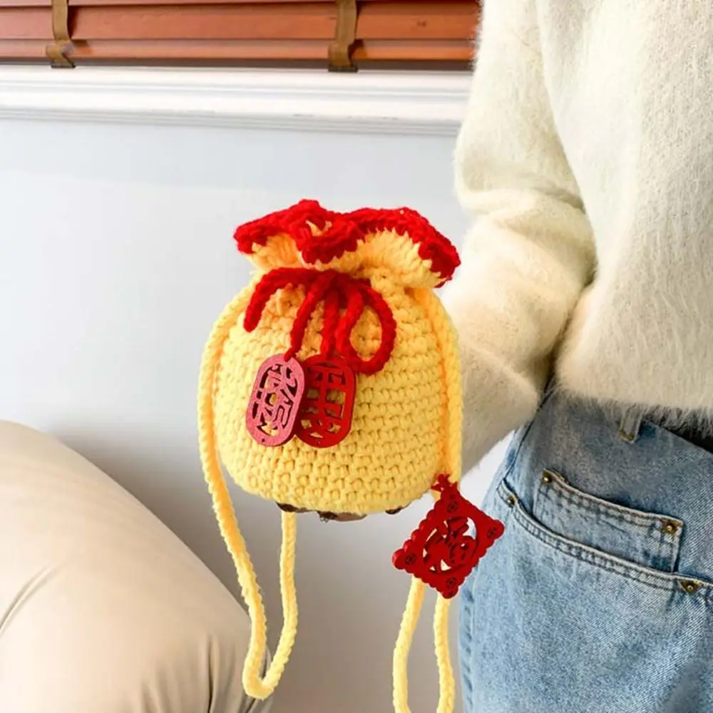 

Fashion Kintted New Year Shoulder Bag Pendant Lace Up Crochet Woolen Bag Coin Purse Storage Lucky Crossbody Bag Children