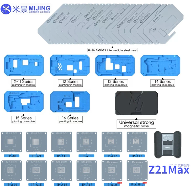 Mijing Z21 MAX A8~A18 CPU Reballing Stencil Platform Z20 Pro For iPhone 6-16 Pro Max Mainboard Middle Frame Tin Template Fixture