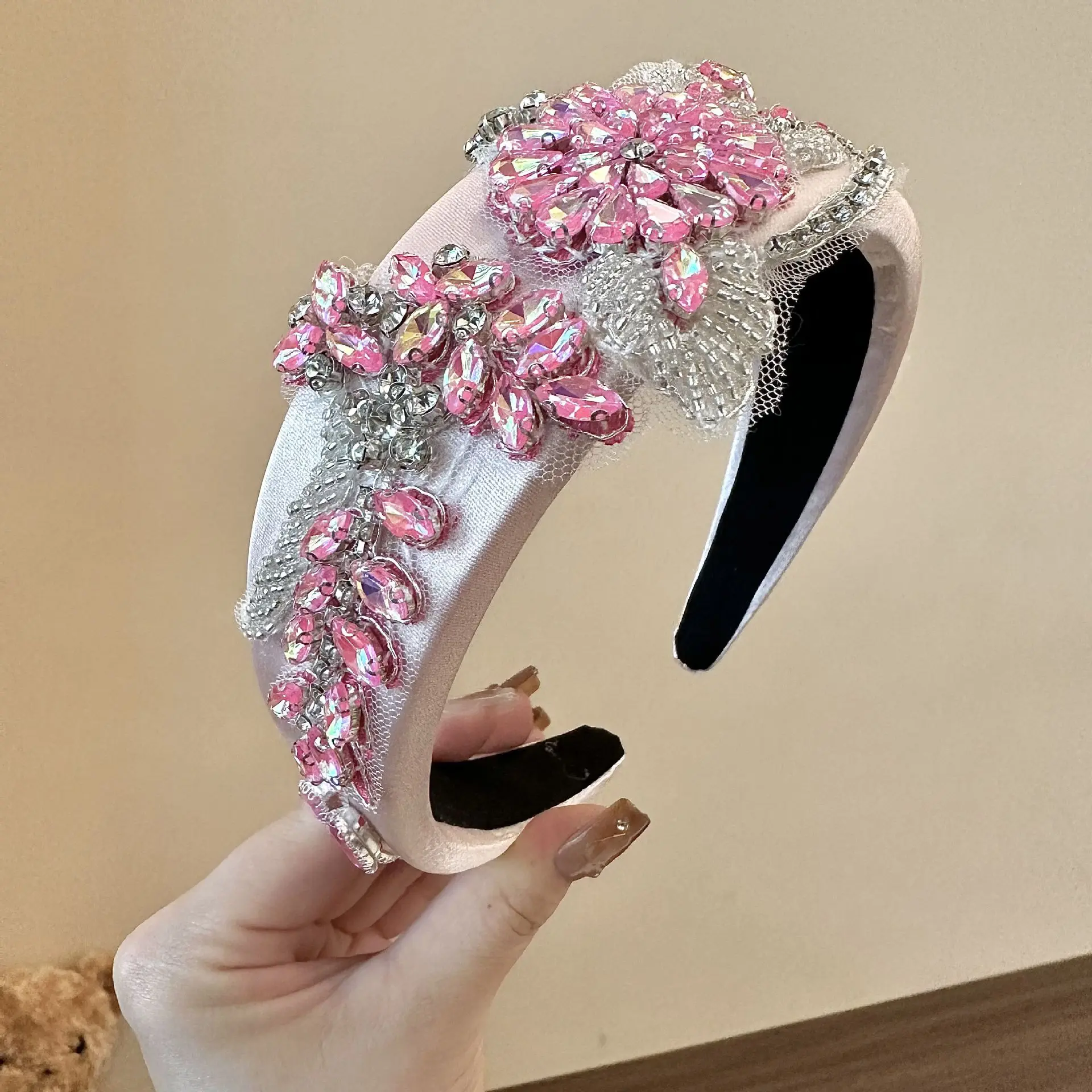 New Heavy Industry Hair Band Inlaid with Rhinestone Mesh Pink Sponge Wide Edge Headband Baroque Retro Hair Jewelry