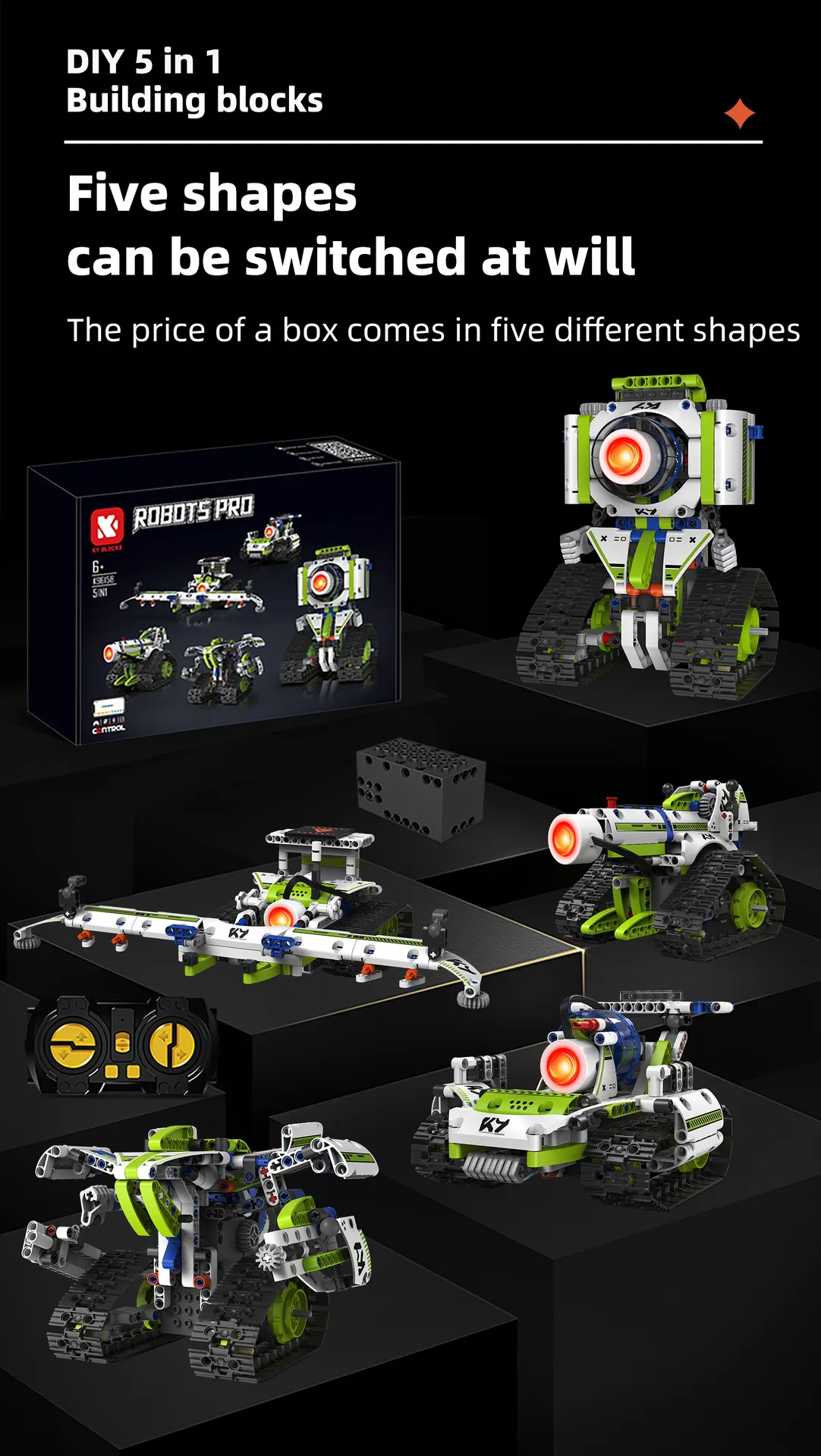 K96158 337PCS 5-in-1 Electric Remote Control Programmable Robot STEM Educational Coding Toy with Digital Display