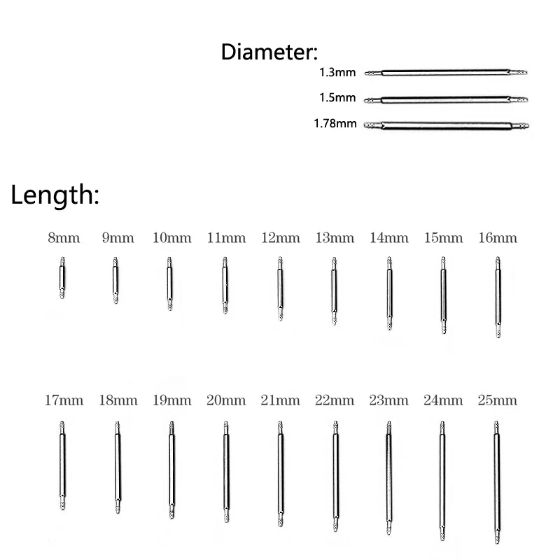 Strainless Steel Spring Bars Dia 1.3mm/1.8mm Length8mm - 25mm Watchband All Steel Spring Strap Pin Watch Repair Tool Accessor