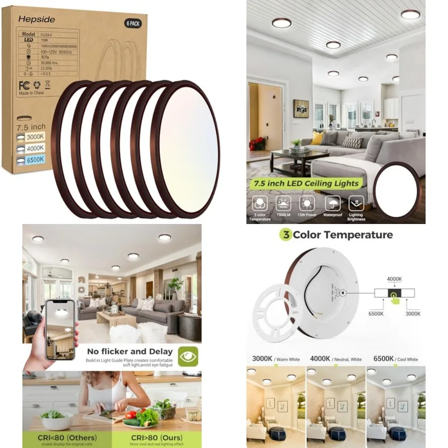 

6PACK LED Flush Mount Ceiling Light, 3CCT Selectable 3000K-4000K-6500K and 100W Equivalent Modern Kitchen Recessed Ceiling Lamp