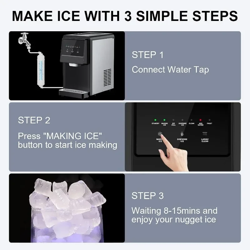 Nugget Ice Maker Countertop Pellet Crushed Chewable Ice Cubes 70Lbs/24H Ice Dispenser Countertop Stainless Steel