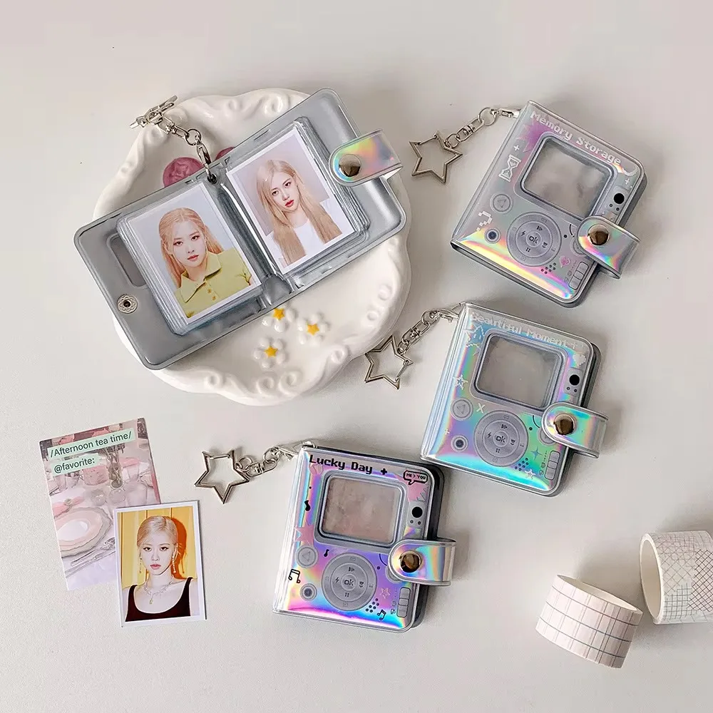 32 Pockets 16 Pages Laser Color Photo Album for Mini Photo Name Card K-pop Star Photocard Album with Keychain