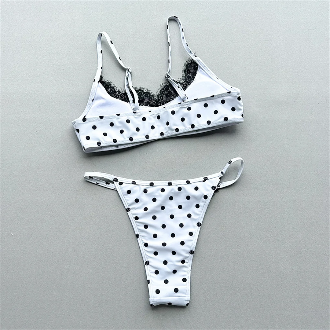 Polka Dot Splicing Spitzen-Bikini Damen-Badeanzug Zweiteiliger Bikini-Set mit hohem Beinausschnitt Badeanzug V8452 – Detail 6