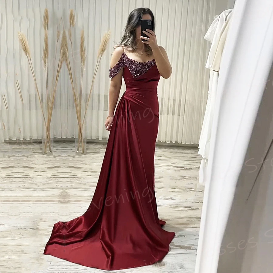 Graceful Modern Red Women's Mermaid Modest Evening Dresses Sexy Spaghetti Strap Beaded Prom Gowns Formal Party Robe De Soiree