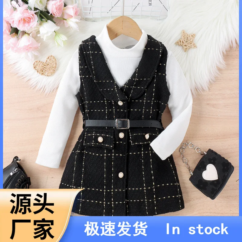 

Girls' Toddler Outfit Autumn Winter High Neck Ribbed Top and Plaid Tweed Dress Two-Piece Set