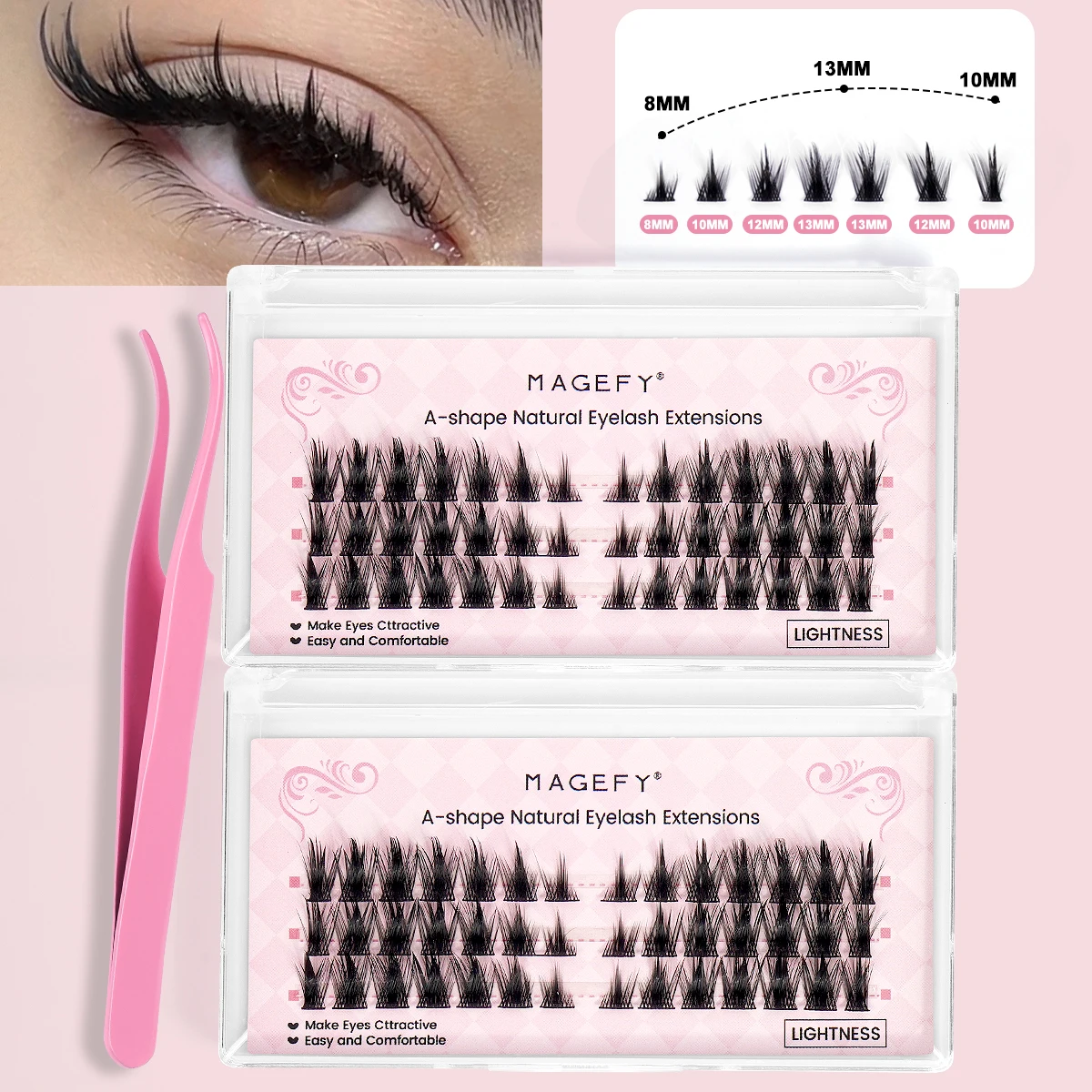 MAGEFY 84 Cluster Fox Eyelashes Boxed with Tweezers Cute Dense 8-10mm Lash Extension Cat Eye Lashes Essential for Traveling