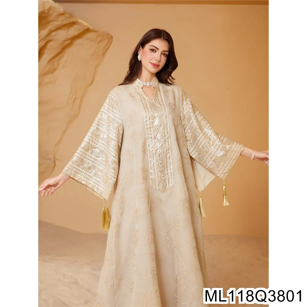 

2025 New Muslim Mesh Embroidered Sequin Women's Evening Dress, Dubai Arab Robe Abayas ML118Q38