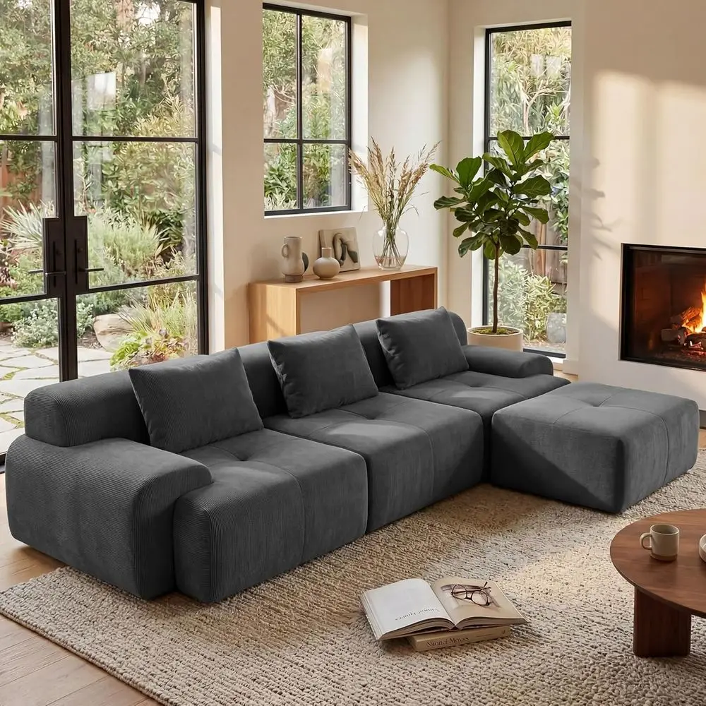 

Luxury Grey Corduroy L-Shape Sectional Sofa with Ottoman and 3 Pillows