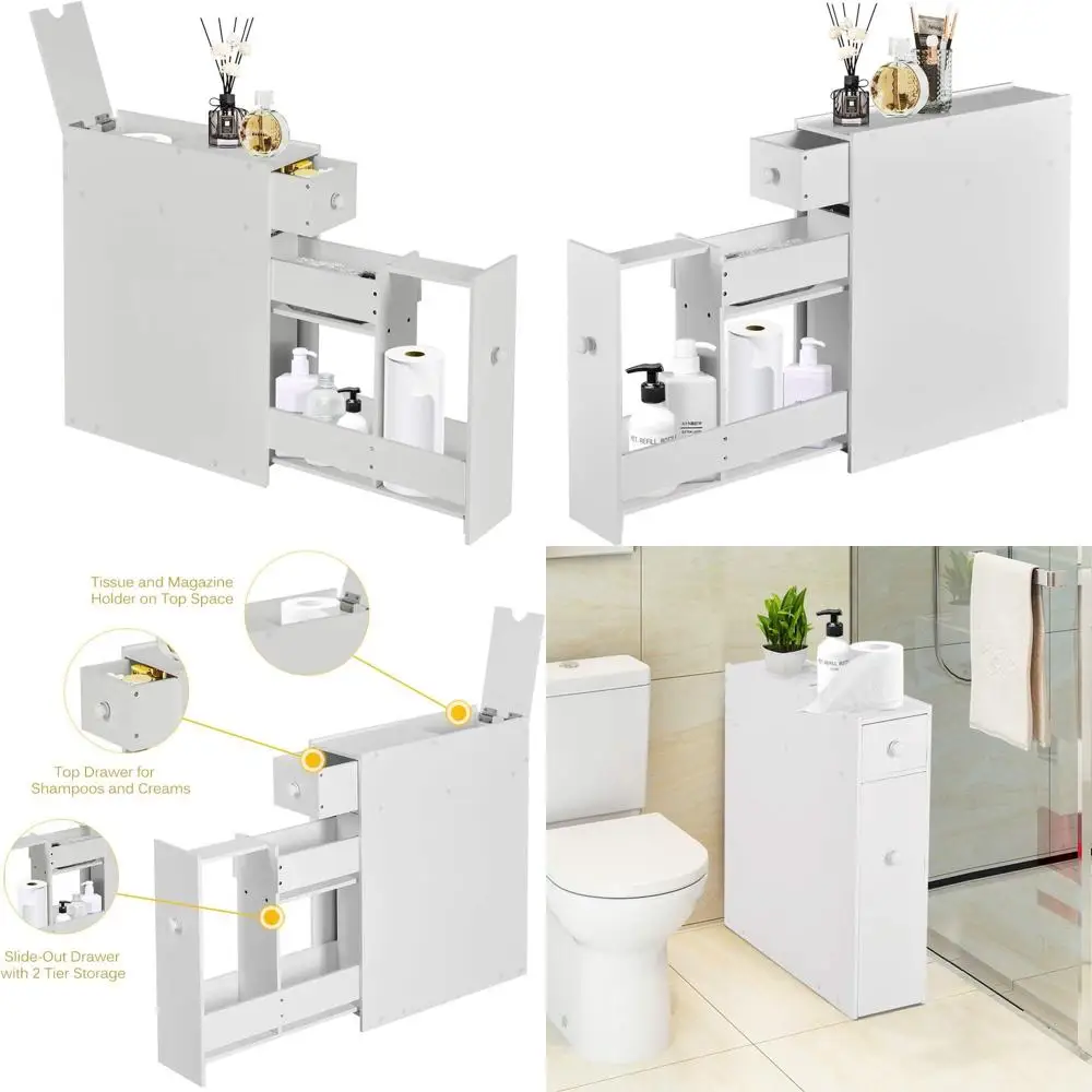 

White Wooden Floor Storage Cabinet with Slide-Out Drawer for Bathroom and Kitchen, Space-Saving Toilet Paper Holder