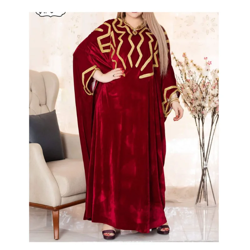 

Red Fancy Velvet Long Dress with A Moroccan Dubai Gown and Farasha Robe European and American Fashion Trend