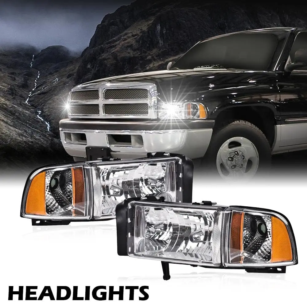 Headlights,Compatible with 1994-2002 Dodge Ram 1500 2500 3500 Halogen Headlamps Assembly Clear Lens Clear Housing Amber Reflecto