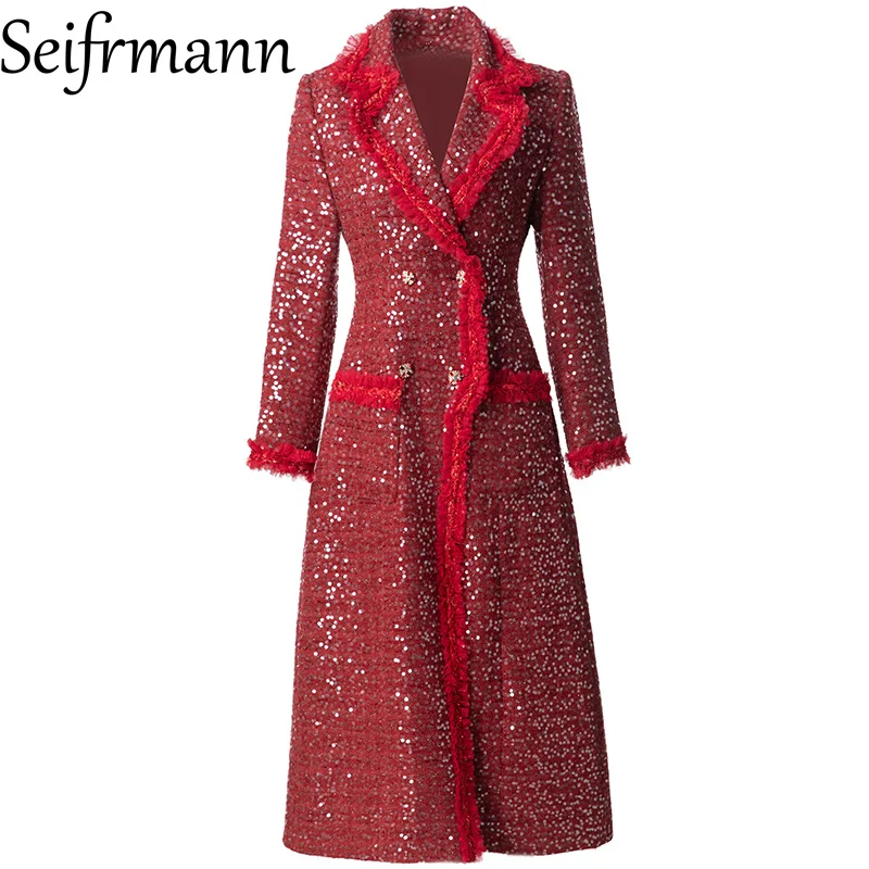 

Seifrmann 2026 Spring Women's New Fashion Collar Long Sleeve Double breasted Glitter Waist Cinching Coat