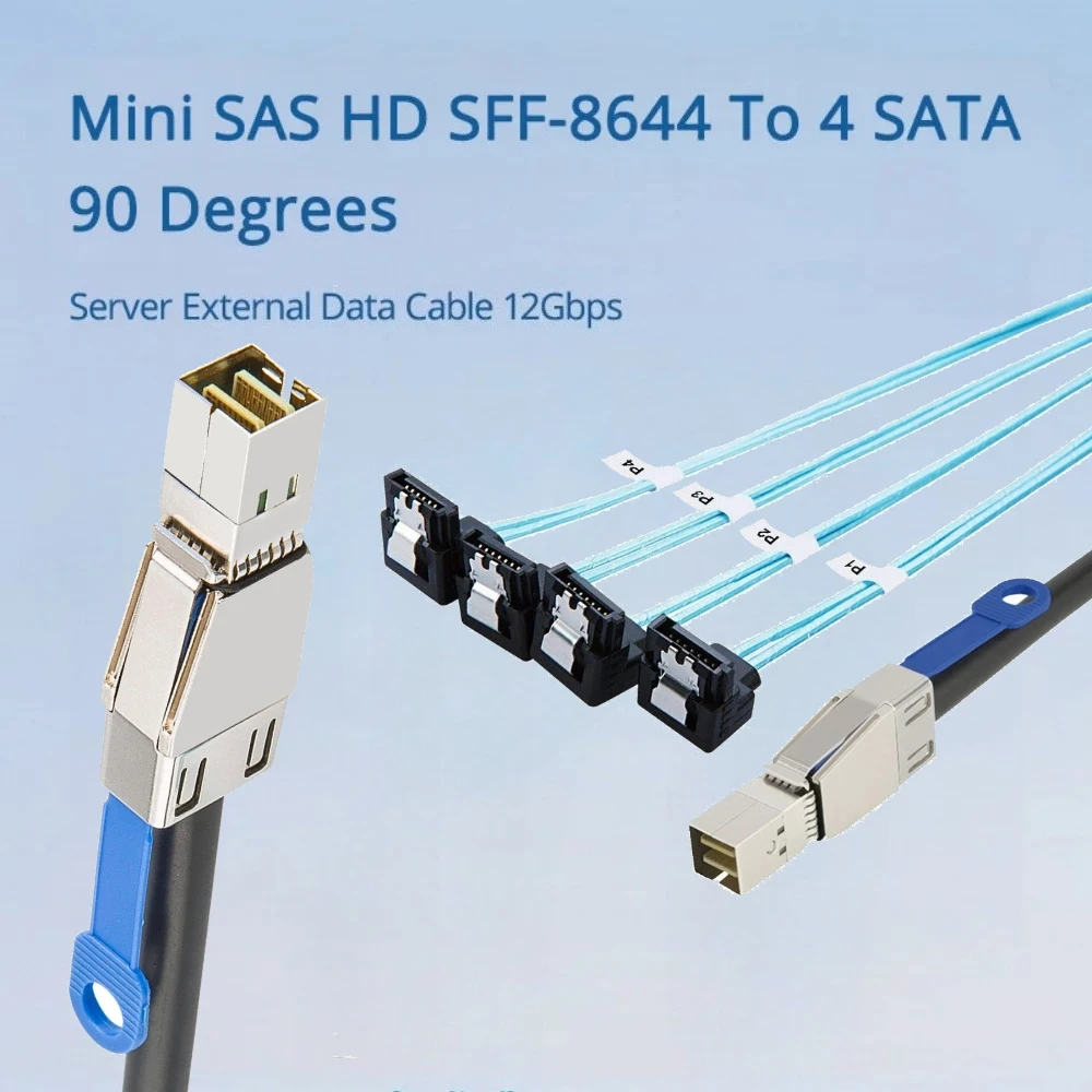 

External Mini SAS HD SFF-8644 To 4 Port SATA 7P 90 Degree Elbow Hard Disk Data Server Raid Cable With Chip 12Gbps 0.5M 1M 2M 3M