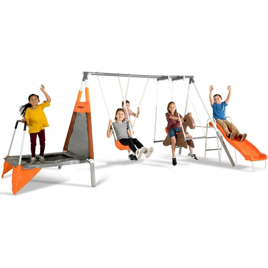 Metal Swing Set with 2 Swings, Rocking Horse, Mini-Trampoline, on Slide, & Bonus Anchor Kit, for Kids 3-8