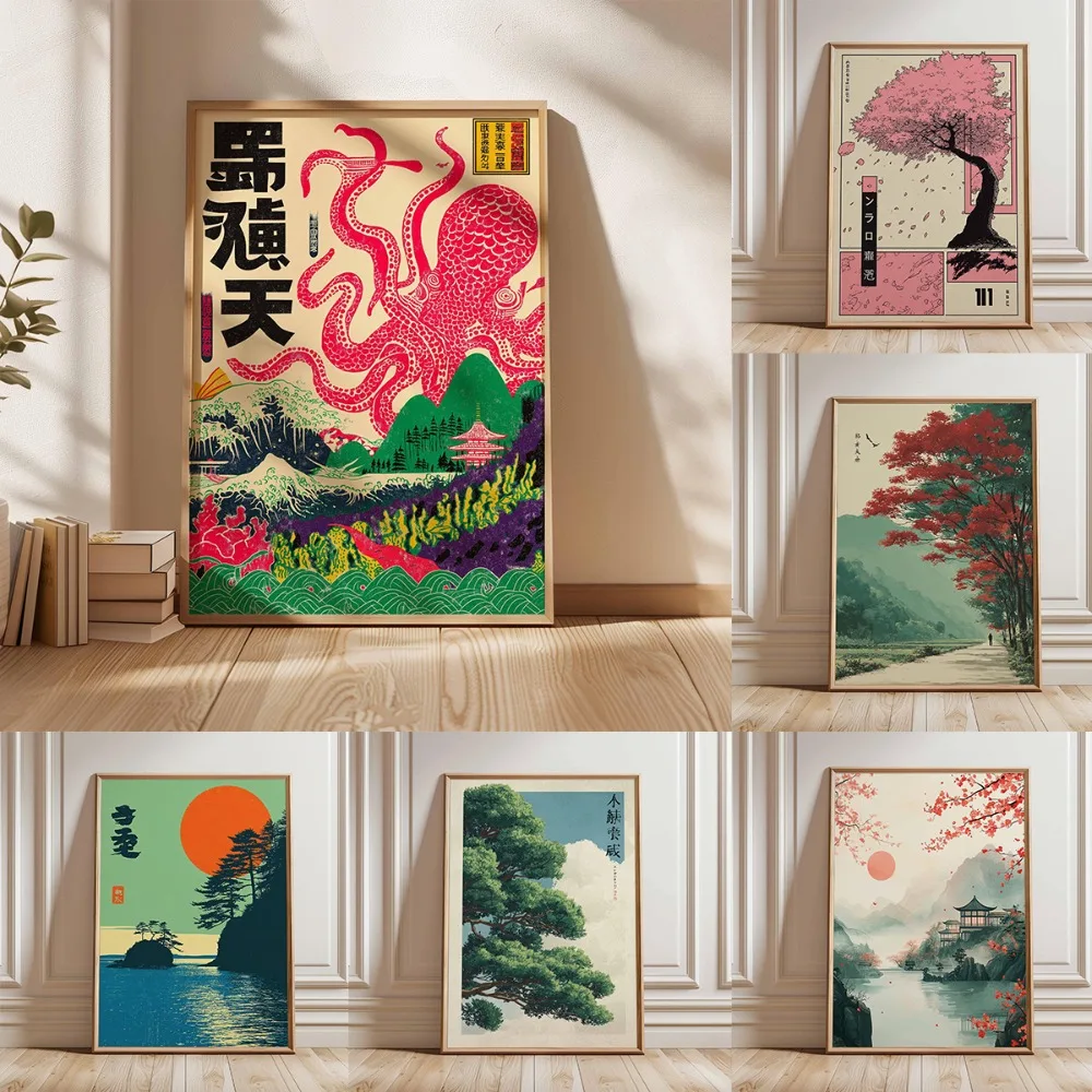 1 póster de árbol japonés sin marco, pintura de paisaje retro, impresión artística de pared natural, arte de paisaje tranquilo, decoración de flores de primavera