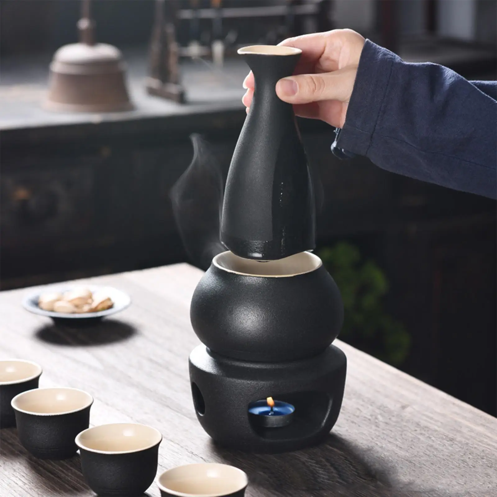 

Набор для хранения и подогрева саке: керамическая чаша, кувшин, чашки, подогреватель для японских торжеств и домашних встреч