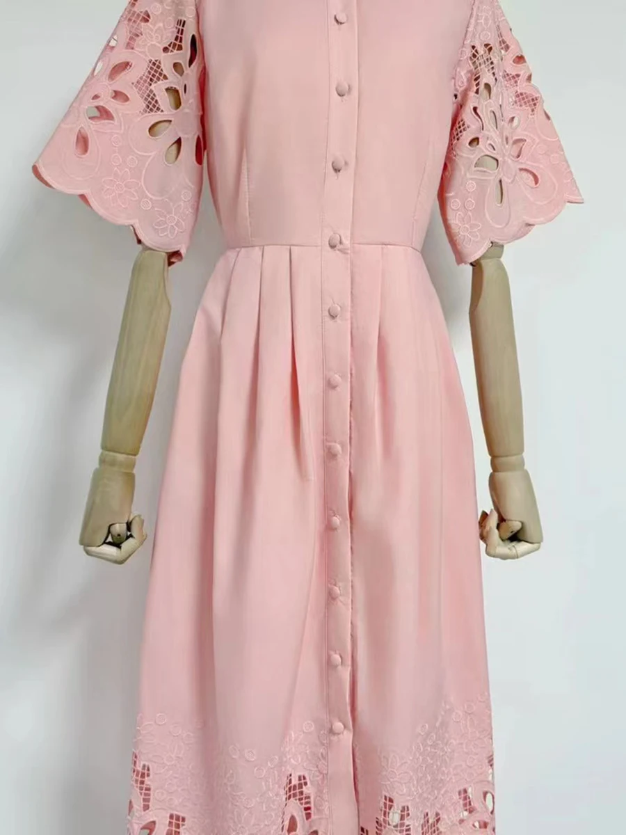 VGH Plus Size Spliced Buttons Shirt Dress for Women Lapel Short Sleeve High Waist Patchwork Hollow Out Elegant Dresses Female