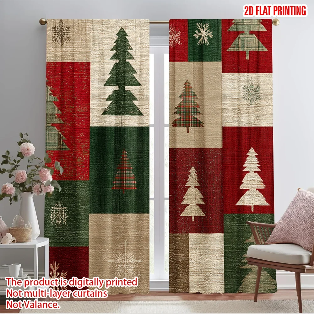 2pcs,2D plane printing Minimalist Curtains Christmas trees and snowflakes Polyester Easy Install (without rod) Festive Use for