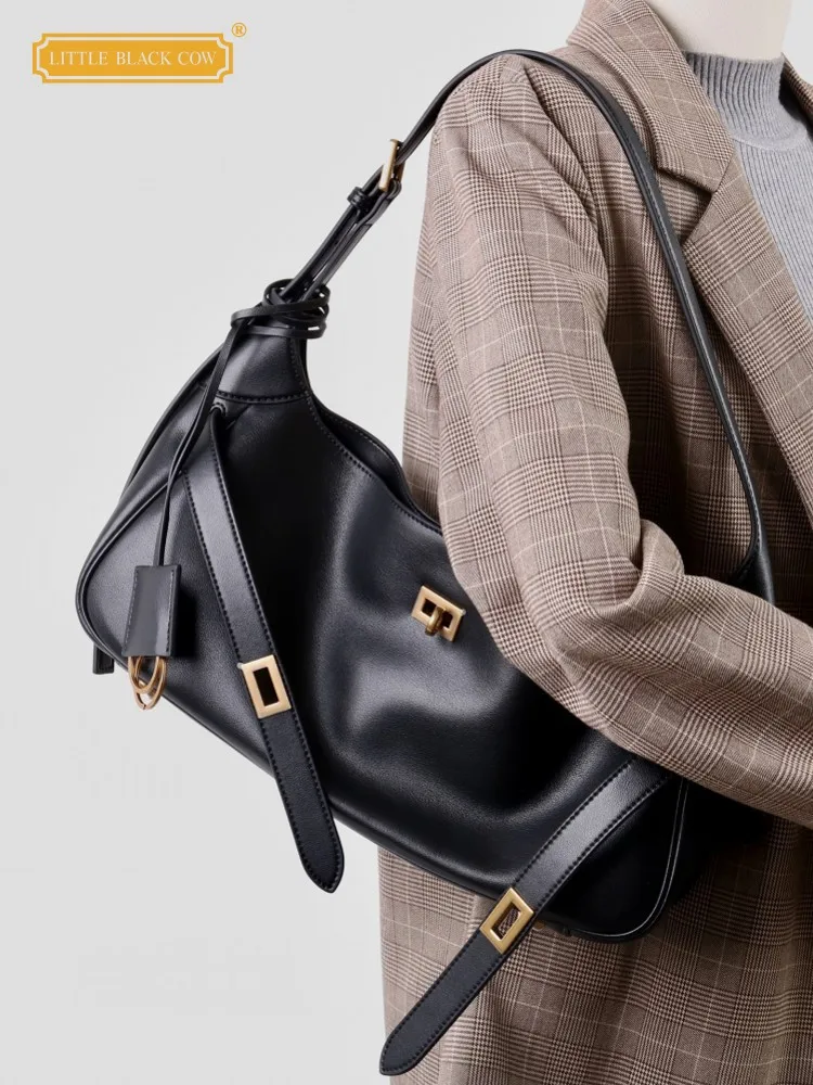 

Elegant Women Hasp Underarm Bag Office Ladies Work Cow Split Leather Shoulder Bag Casual Totes Handbag New Motorcycle Style Bags