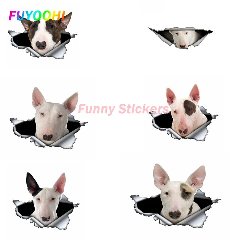 

FUYOOHI Play Stickers Creative White Bull Terrier Car Sticker 3d Torn Metal Waterproof Reflective Stickers Animal Dog Decal
