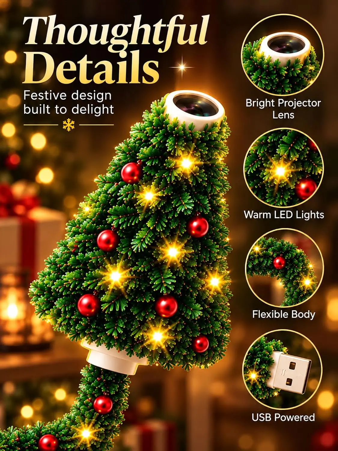Plug and Play Christmas Tree Ceiling Projector, USB Flexible Tree Lamp 6 Festive Projection Scenes, Flexible Tree-Inspired Body