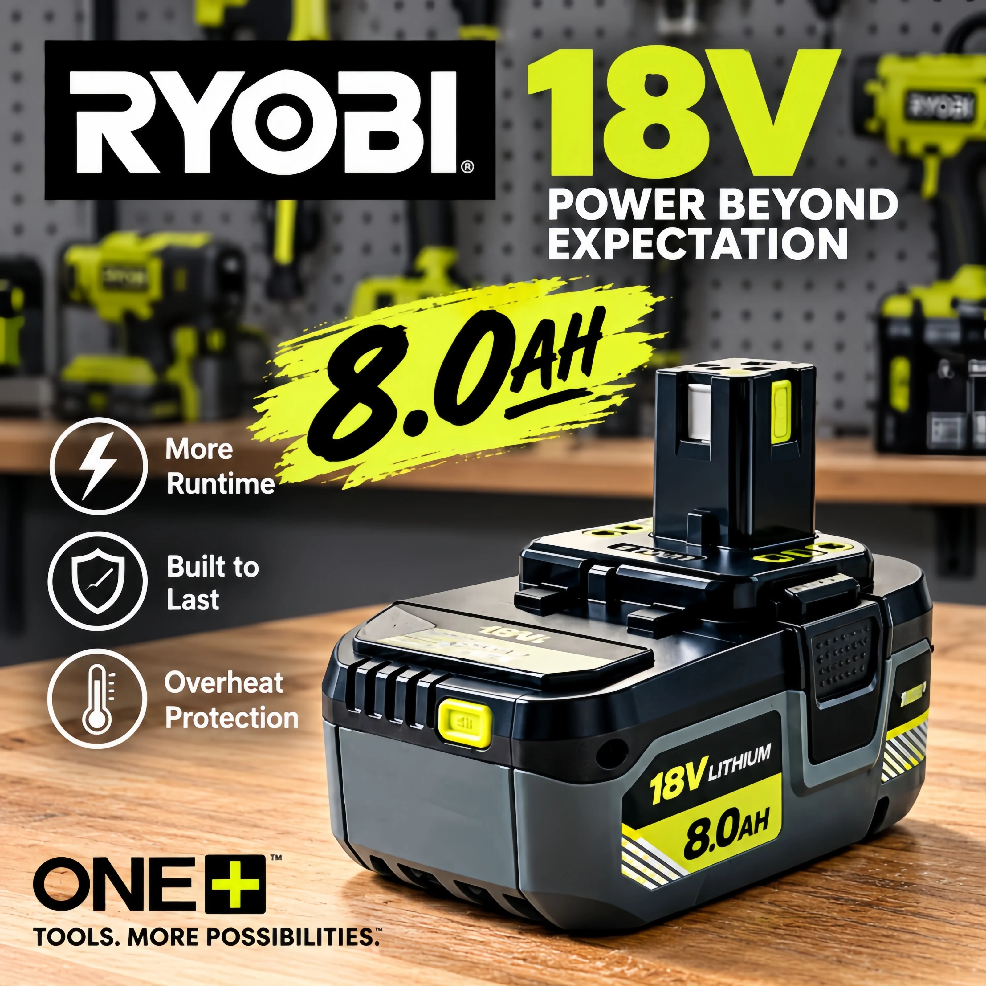 RYOBI 18V ONE+ 6.0Ah 8.0Ah Premium Li-ion Battery  Anti-Corrosion Shell Shockproof Battery For Outdoor Power Tools