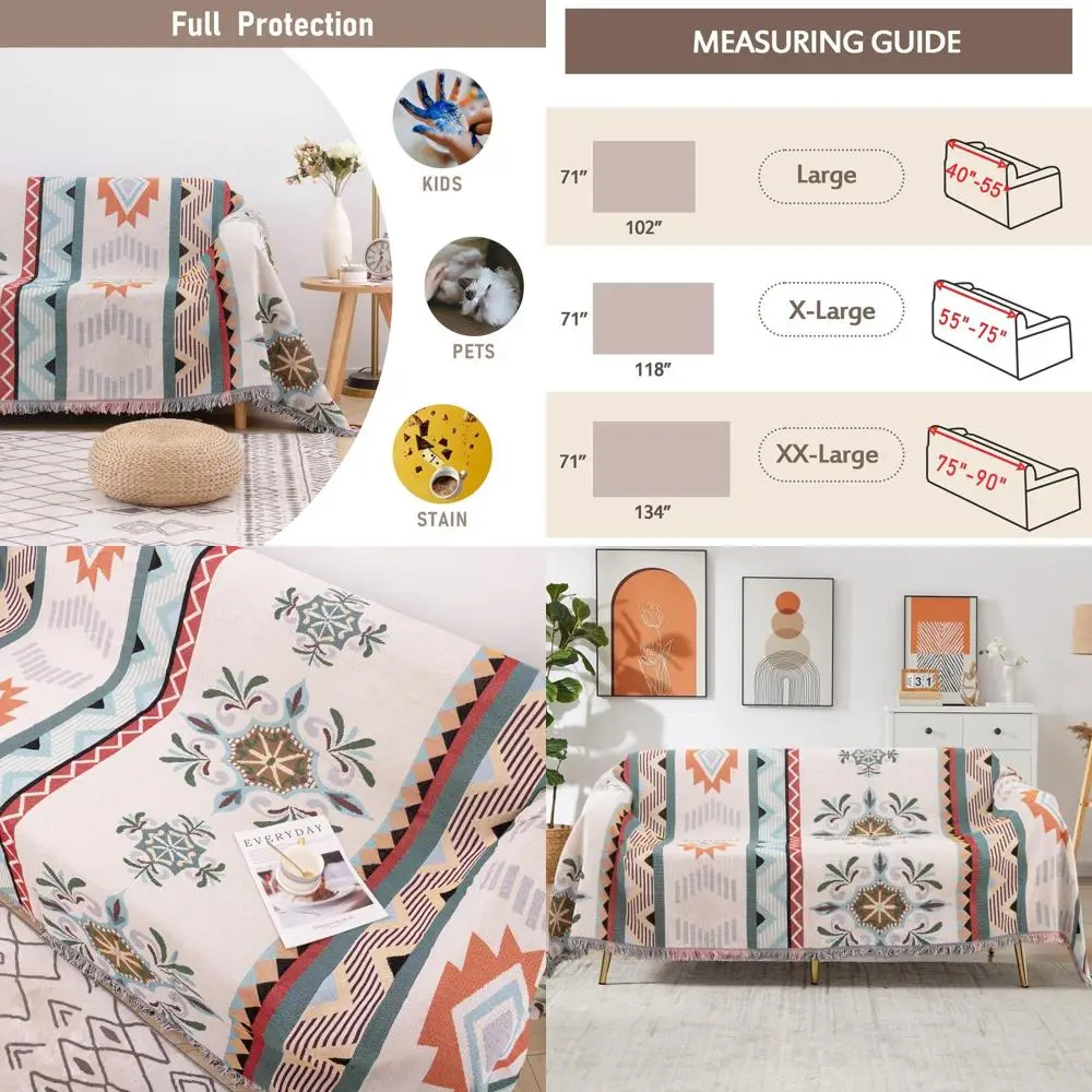 

Reversible Boho 3-Seat Sofa Cover with Tassels, Pet and Kid-Friendly Geometric Couch Protector