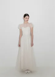 OLOEY Sparkly Glitter A Line Wedding Dresses Korea Photoshoot Shiny Tulle O-Neck Short Sleeves Keyhole Back Bride Customized