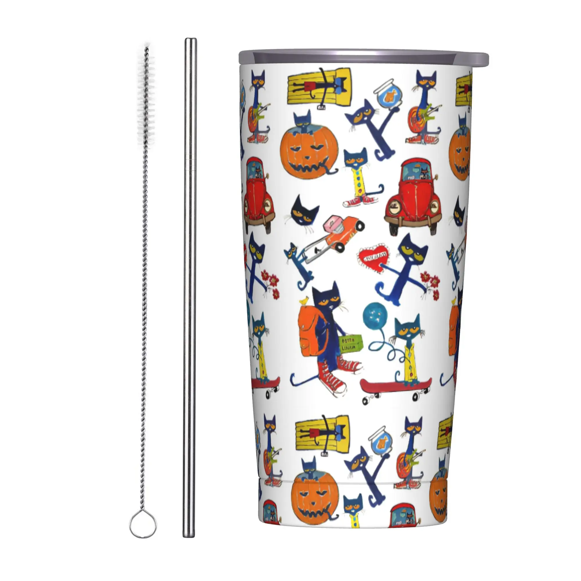 Pete the Cat Cartoon Insulated Tumbler with Lid Groovy Cat Vacuum Coffee Mugs Outdoor Travel  Bottle Cup, 20oz