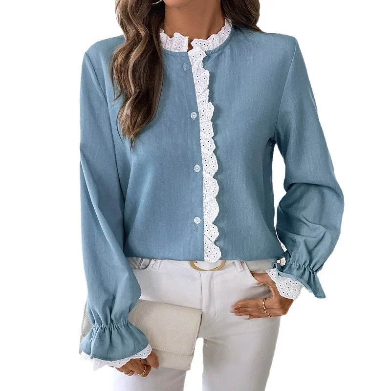 Blusen Frauen Hemd Rundhals Volle Hülse Tops Spitze Y2k Streetwear Elegante Splice Casual Shirts Top Arbeit Slim Fit Herbst
