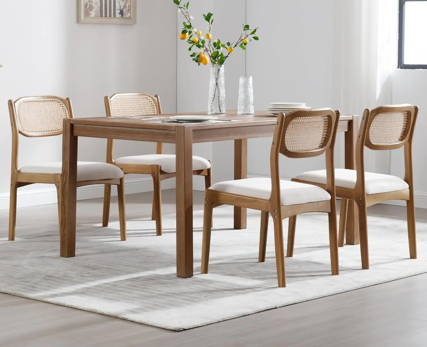 Mid Century Dining Chairs Set of 6 Beige Linen Upholstered Rattan Back Wood Leg Armless Kitchen Restaurant, Customized