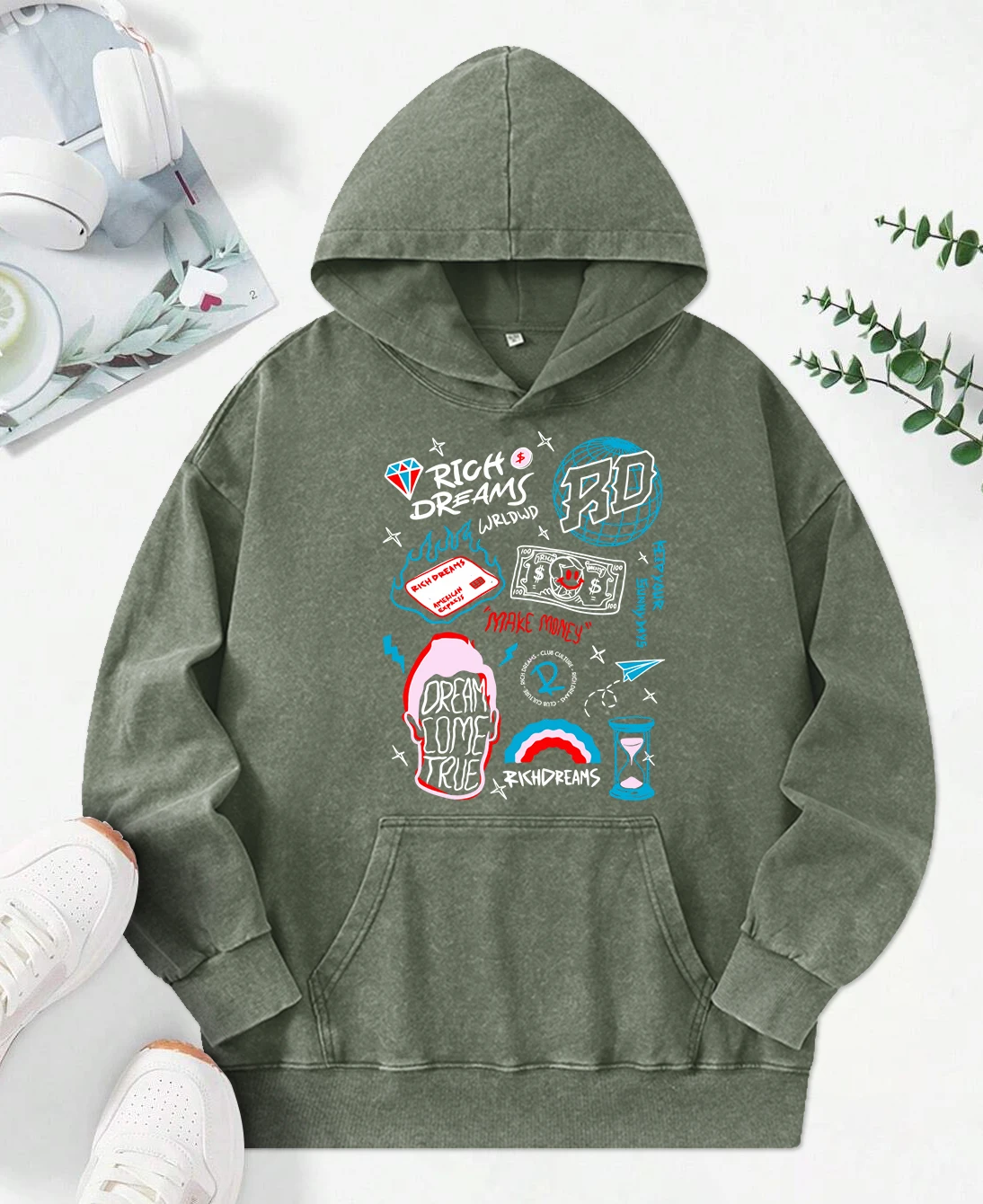 Make Money Creative Illustration Prints Female Hoodies Fashion Loose Hoody Casual Cotton Sweatshirt All-Match Casual Sportswear