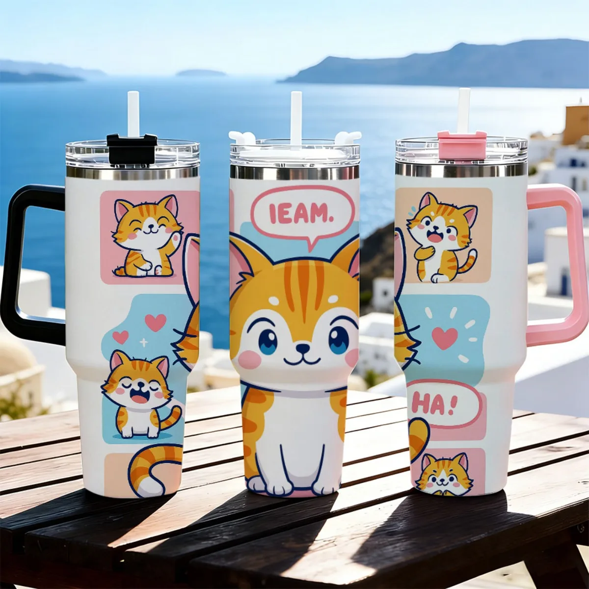 40oz Cartoon Orange Tabby Cat Comic Bubble Heart Print Stainless Steel Tumbler With Handle Straw Lid 24 Hours Cold Insulated Travel Water Cup