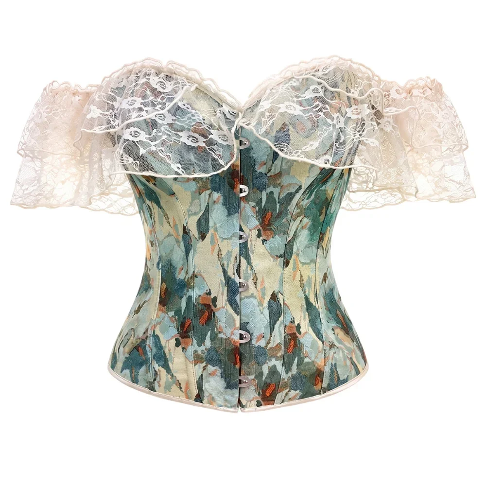 Women Oil Painting Print Corset Top Off Shoulder Lace Bustier Vintage Renaissance Waist Cincher