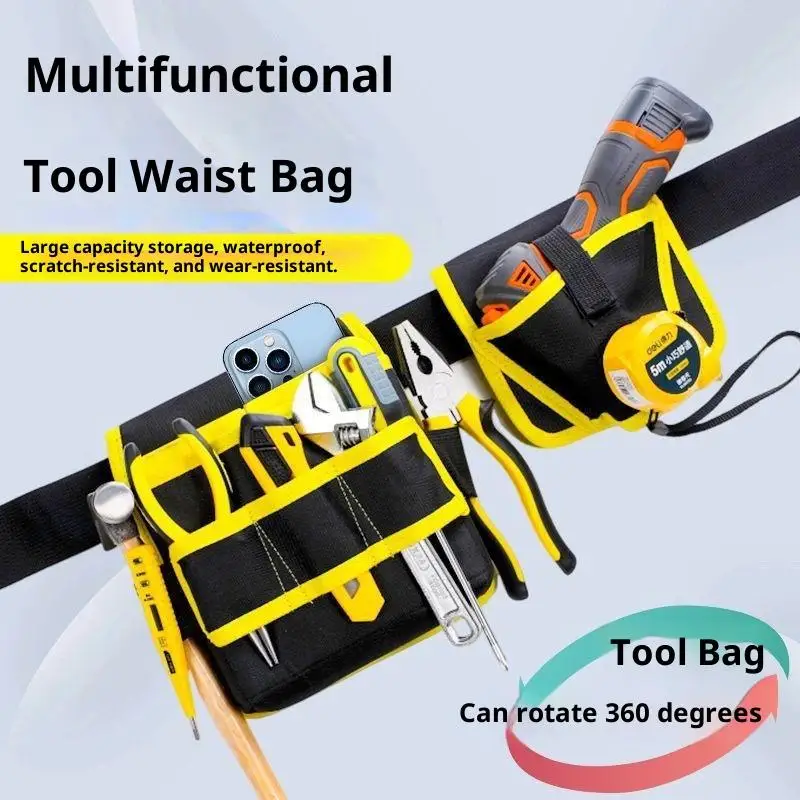**360 Rotating Electrician Tool Bag Waterproof Adjustable Waist Belt Pouch Multiple Pockets Wear-resistant Tools Storage Bag