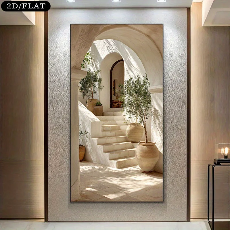 1pc Large Mediterranean Olive Tree Steps Canvas Print Modern Beige White Greek Island Landscape Wall Art Poster for Home Decor